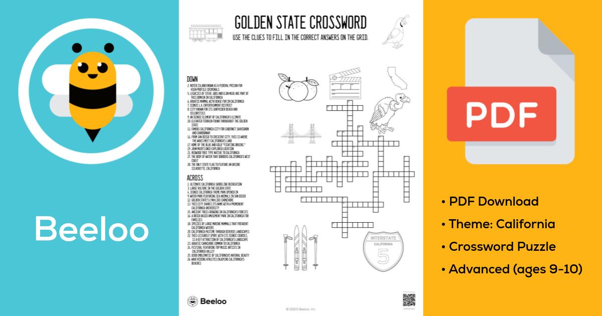 Golden State Crossword • Beeloo Printable Crafts and Activities for Kids