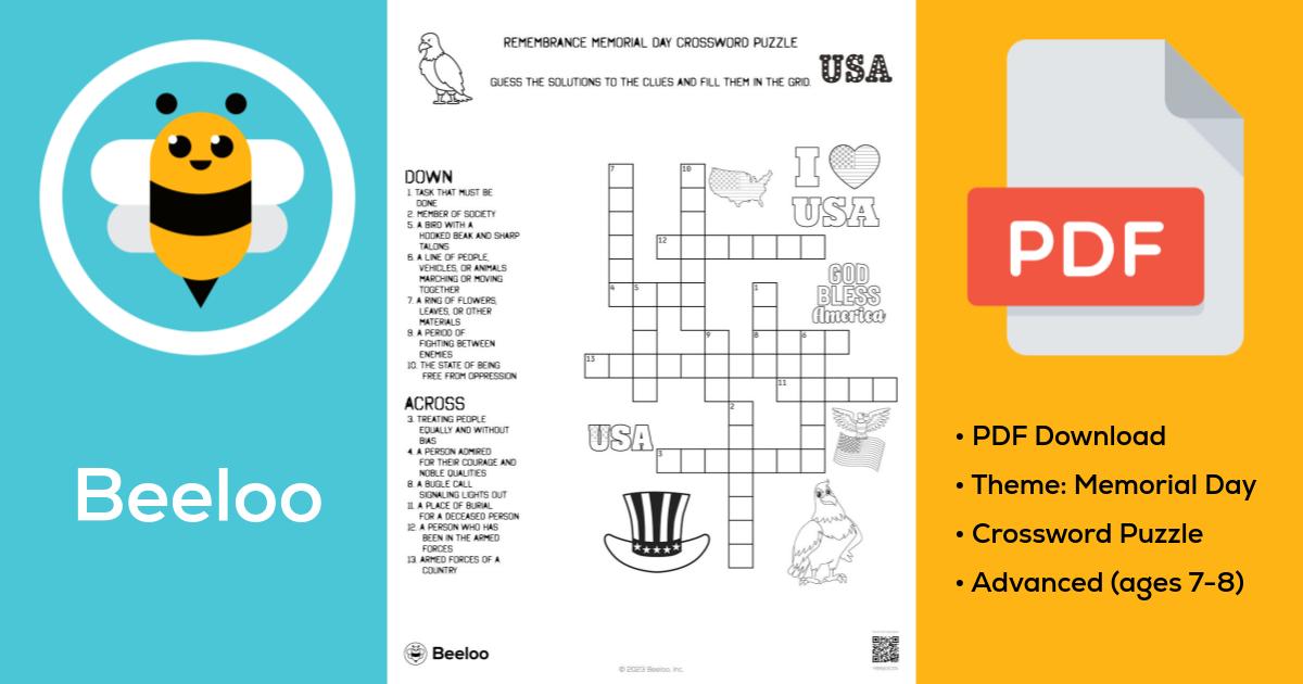 Remembrance Memorial Day Crossword Puzzle • Beeloo Printable Crafts and