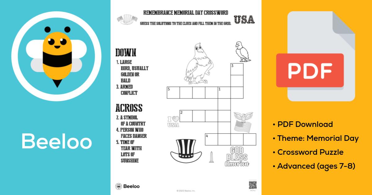 Remembrance Memorial Day Crossword • Beeloo Printable Crafts for Kids