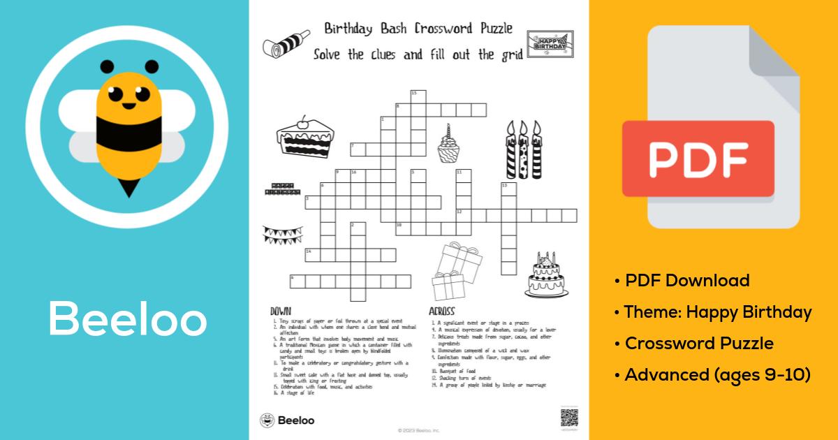 Birthday Bash Crossword Puzzle • Beeloo Printable Crafts and Activities