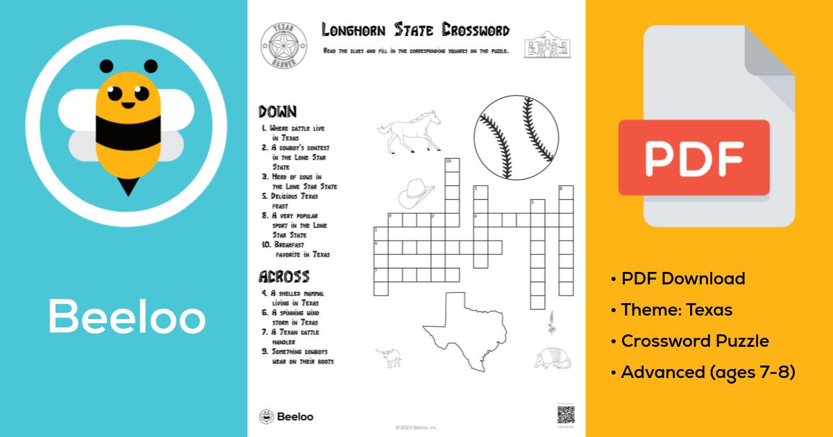 Longhorn State Crossword • Beeloo Printable Crafts and Activities for Kids